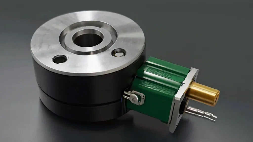 Encoder industrial preto e verde visto de perto